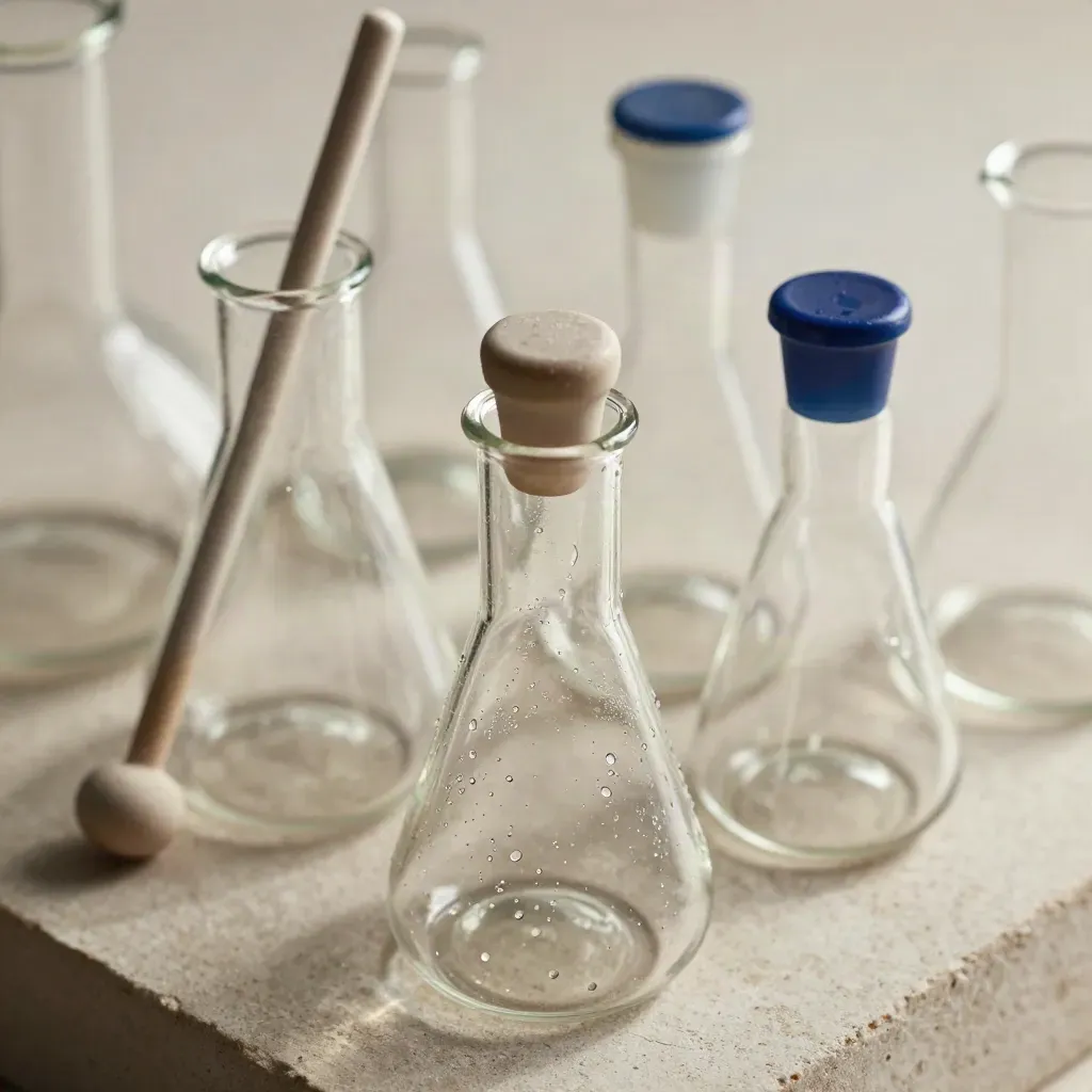 Macro still life of lab flasks, capped vials, and a ceramic stir bar on pale stone.