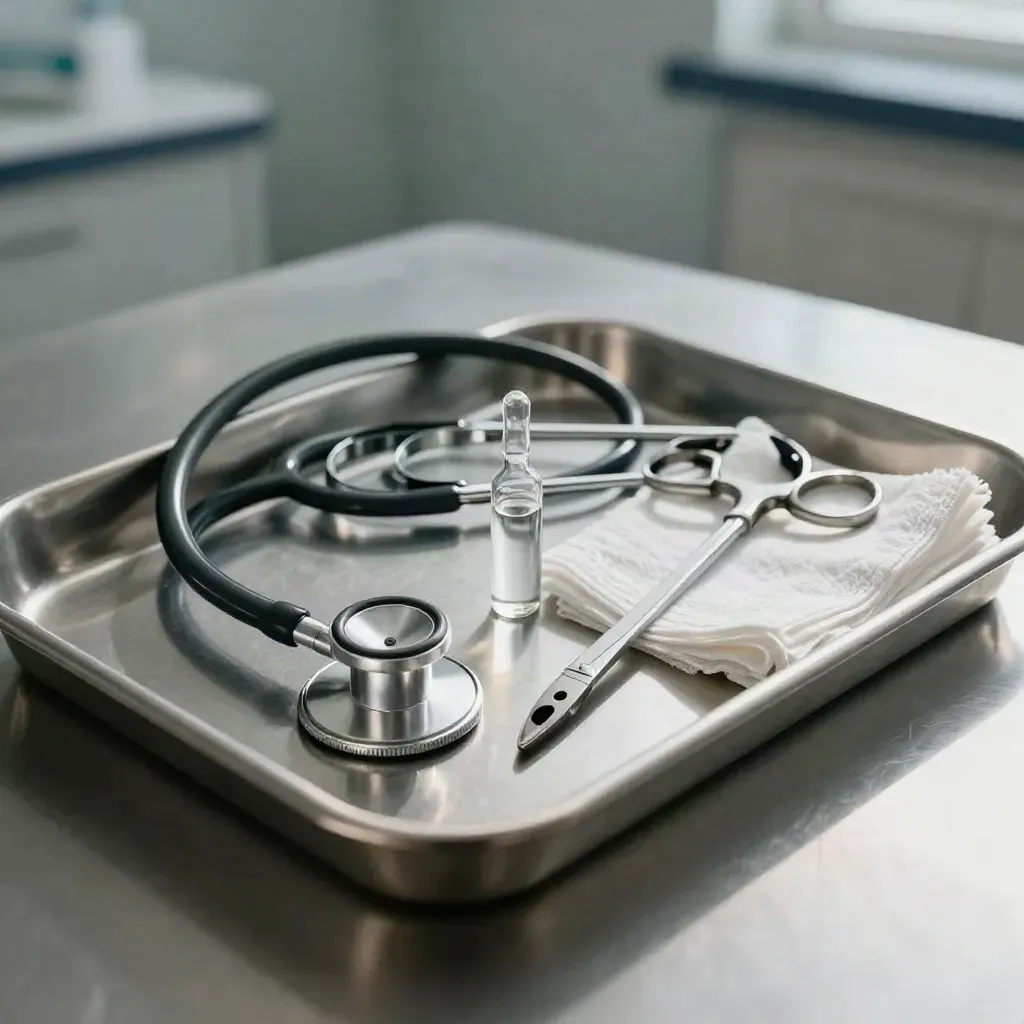 Stainless tray with stethoscope head, ampoule, gauze and clamp on brushed steel.