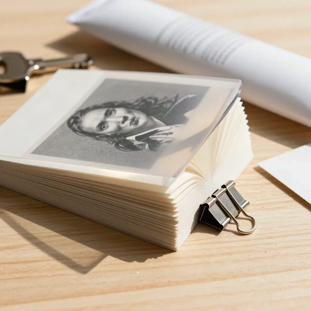 Close-up of sample cards, acetate sleeves, clips, and a mailer tube on pale wood.