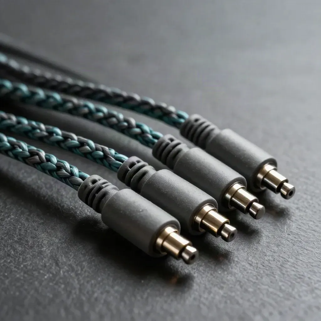 Close-up of braided audio cables and jack ends on dark slate with a muted teal accent.