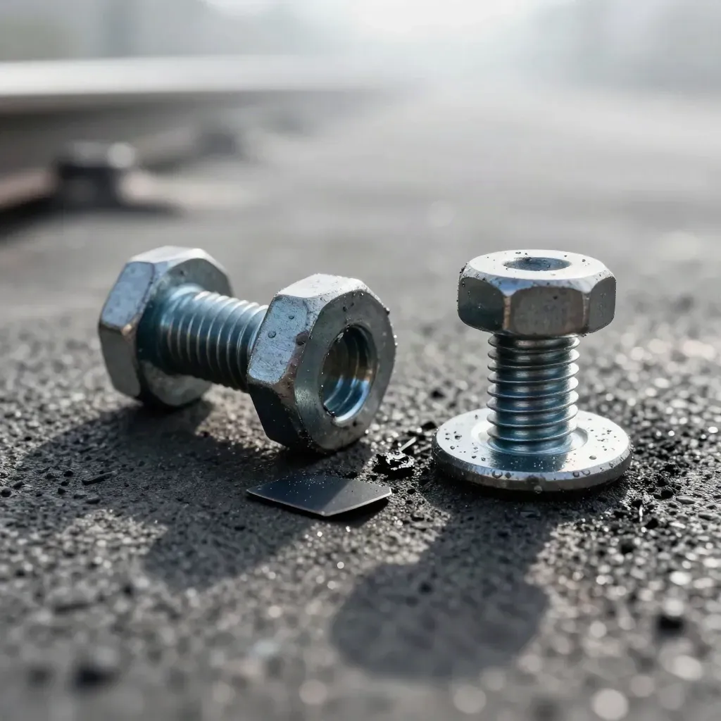 Steel coupling pin, washer, and bolt head on charcoal concrete with cold mist.