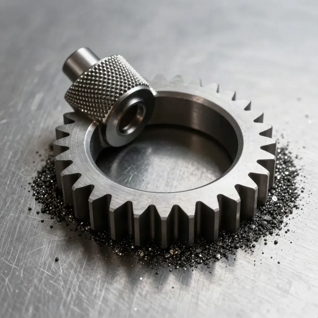 Gear blank, knurled fastener, and metal filings on brushed steel, top-down macro.