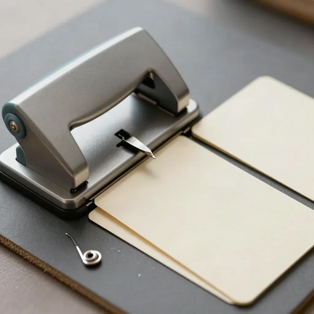 Macro still life of a card punch beside folded cards on graphite board.