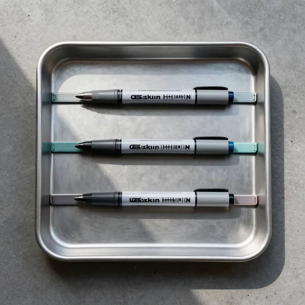 Top-down still life of an aluminum tray with markers and rails on graphite concrete.