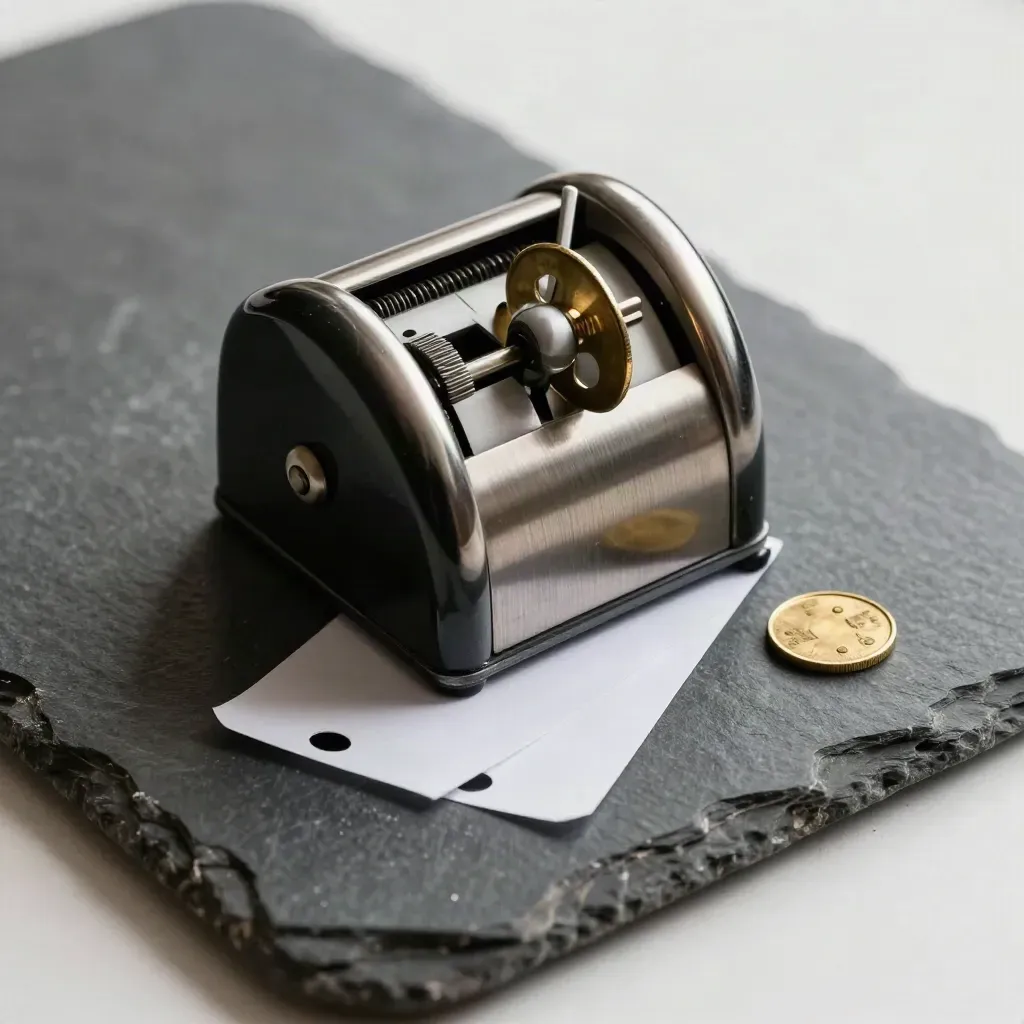 Mechanical tally counter with punched tabs and brass token on dark stone, lit by skimming daylight.
