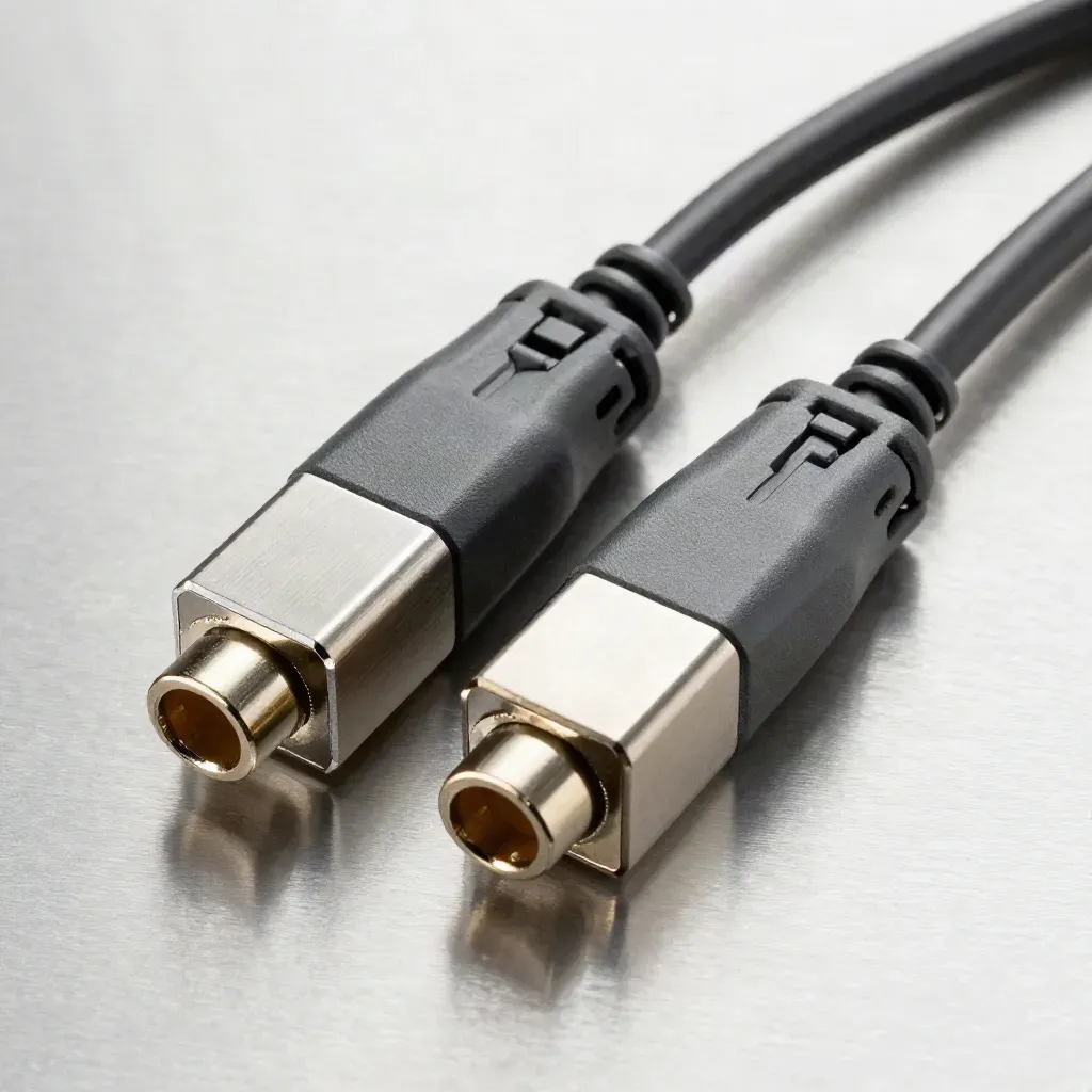 Top-down pair of braided connector blocks on brushed aluminum, aligned under dramatic light.