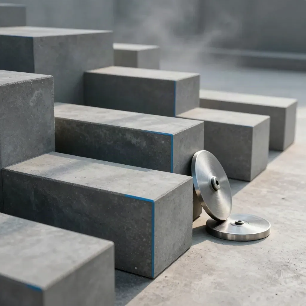 Stepped concrete blocks with a small steel disc on pale concrete, lit by soft side light.