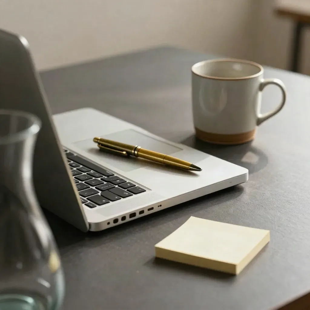 Closed laptop, brass pen, mug ring, and sticky tabs on a dark desk seen through glass.
