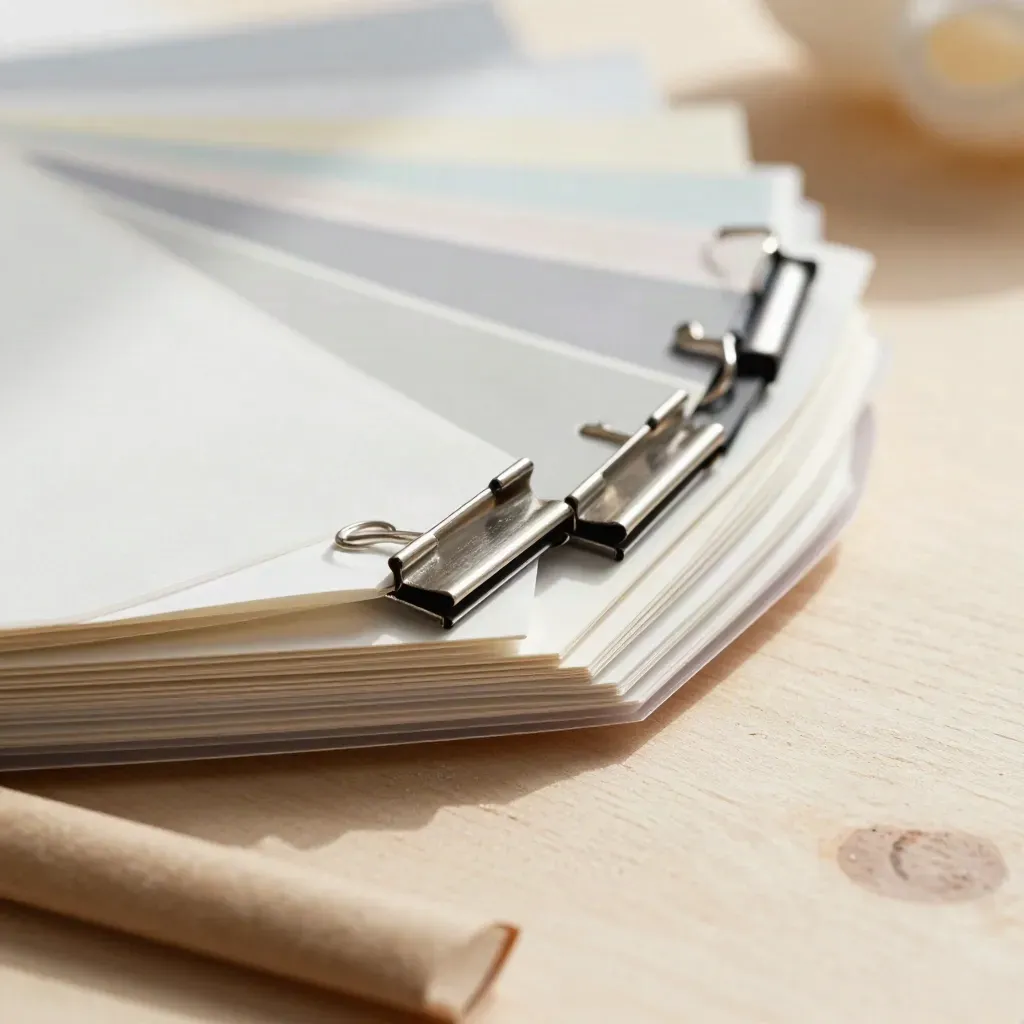 Macro still life of paper swatches, binder clips, acetate sleeves and a mailer tube on pale wood.