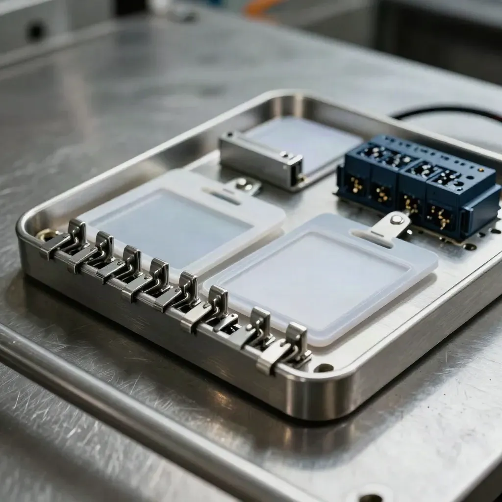 Brushed metal tray, badge sleeves, cable clips and relay block on steel with a blurred rail foreground.