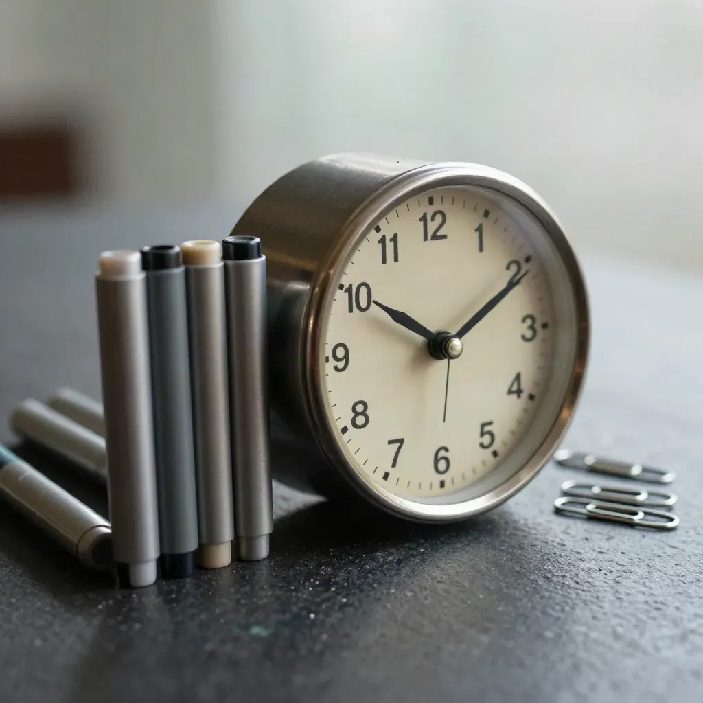 Macro still life of a vintage desk clock with metal markers and paper clips on charcoal stone.
