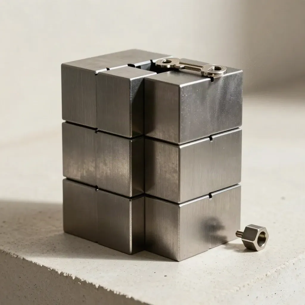 Metal cubes and connector parts on pale concrete under dramatic light