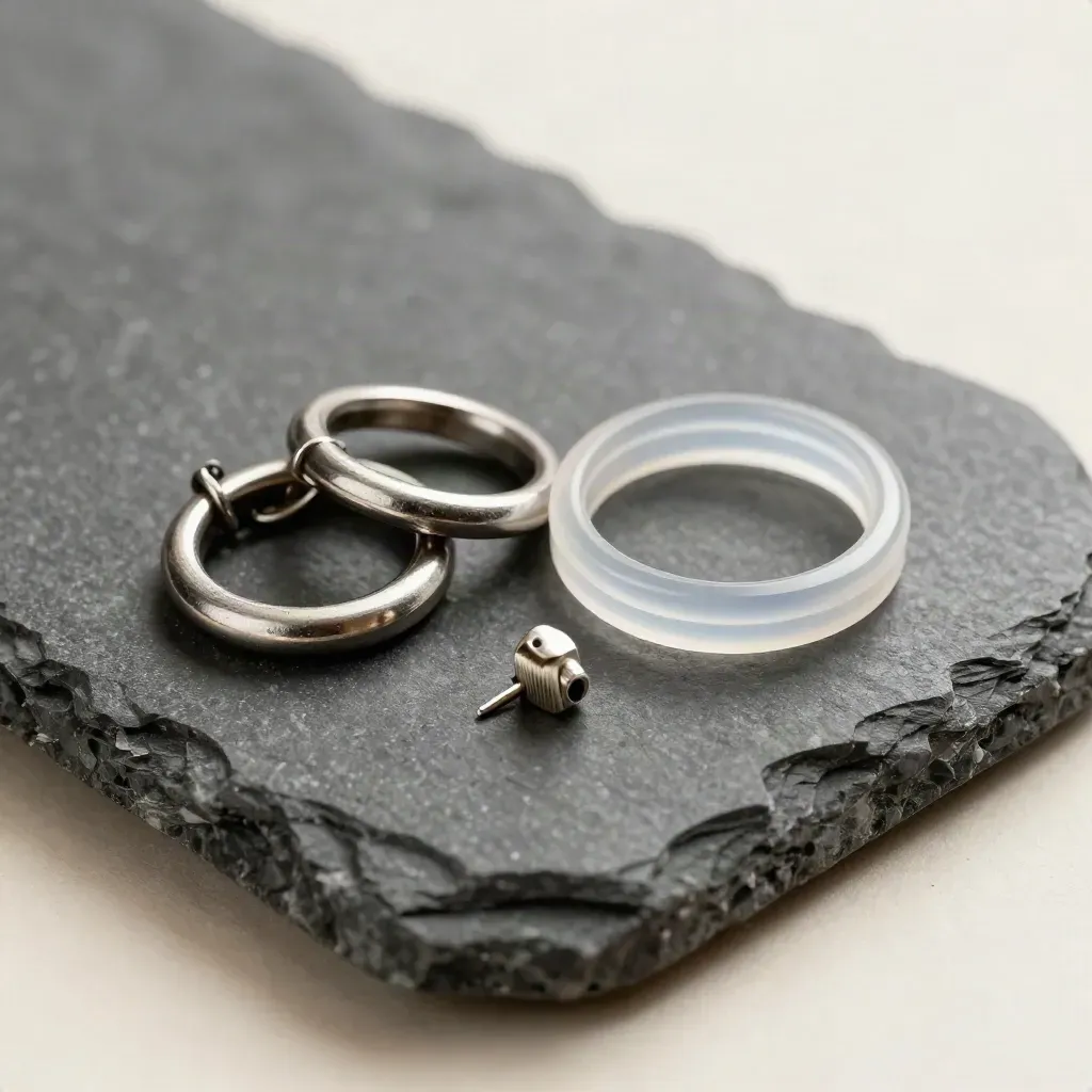 Machined rings, cable loop, and connector pin on graphite stone, seen in straight-down macro.
