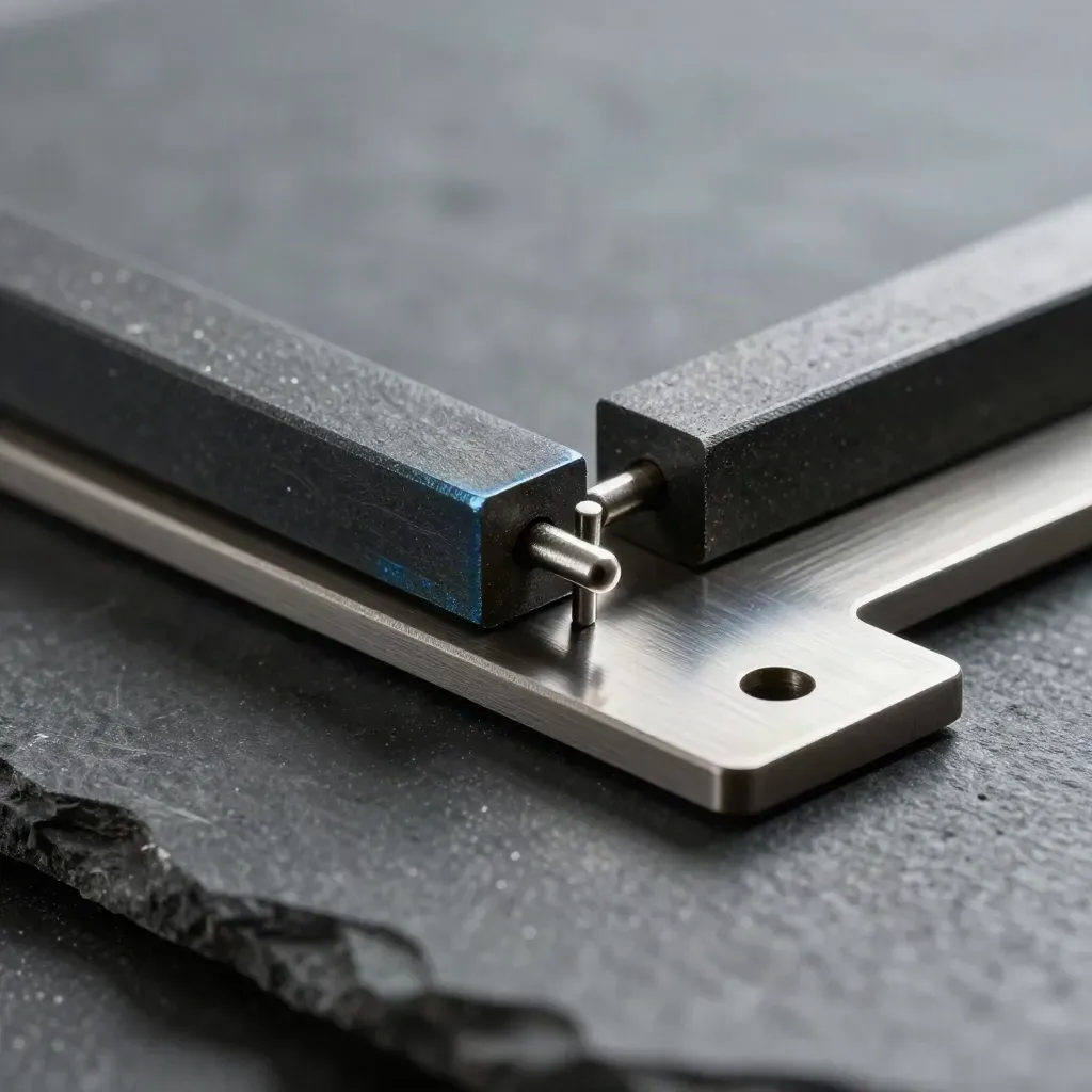 Macro of interlocking metal bars, pin, and bridge plate on dark stone with cool blue accent.