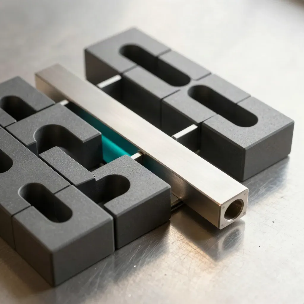 Overhead macro still life of graphite modular blocks and divider rails on brushed aluminum with a teal accent.