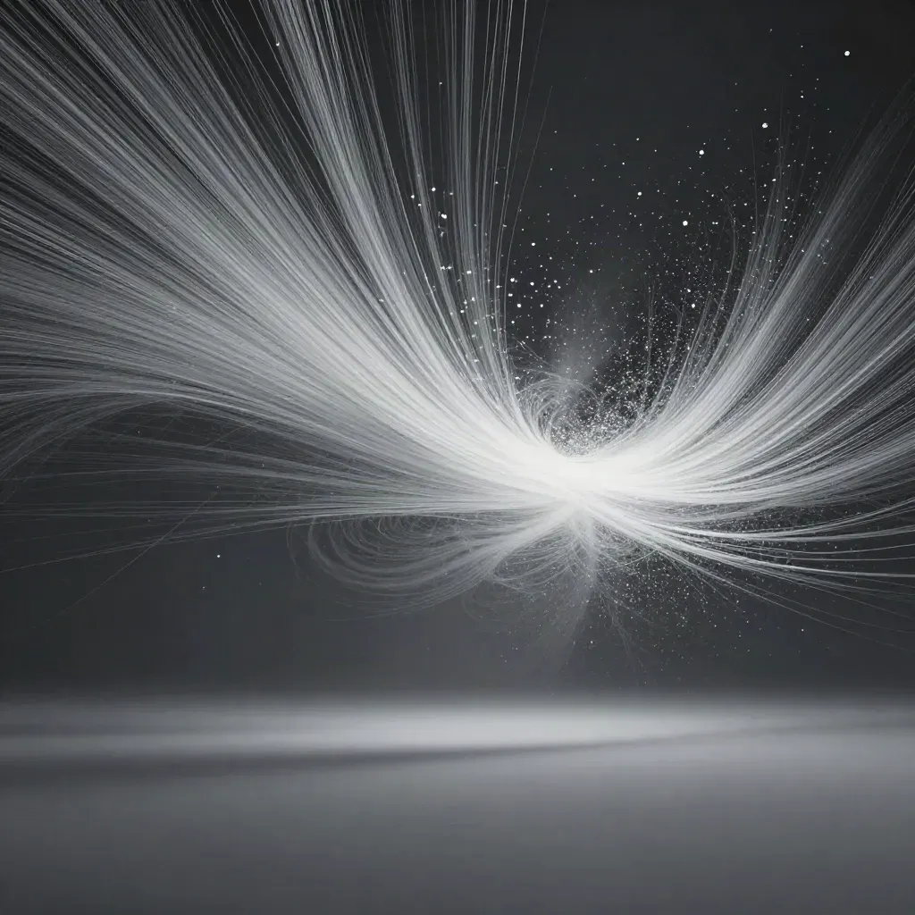 Silver light filaments converge into a soft bloom in dark graphite haze.